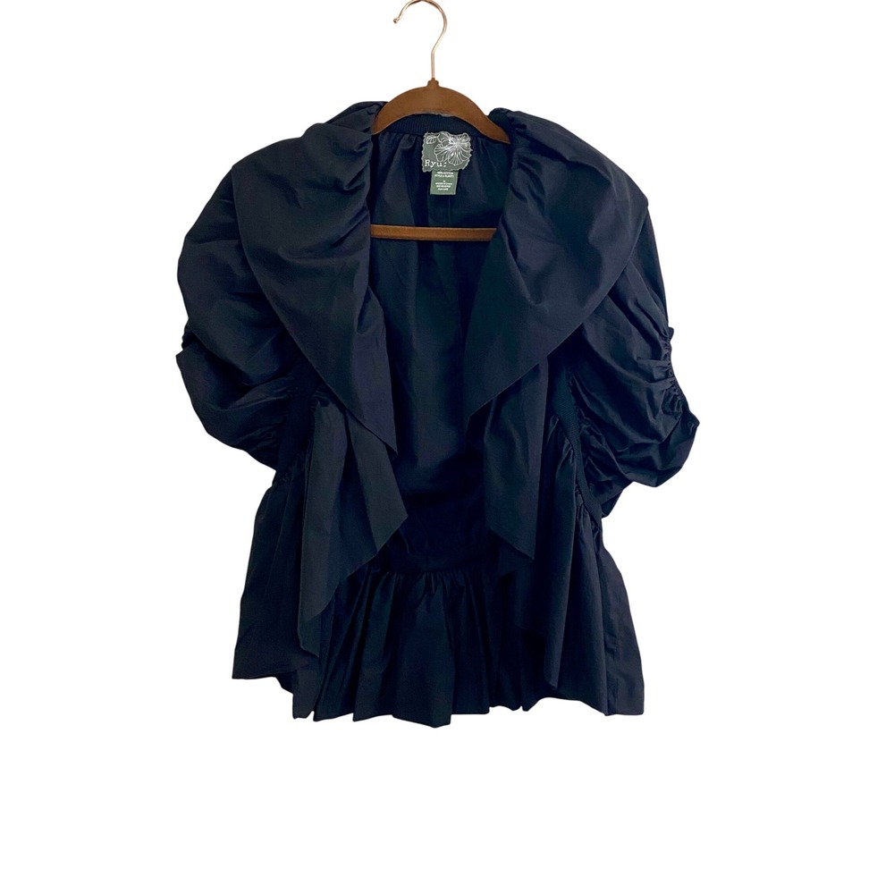 Ryu Black Ruffle High Neck Puff Sleeve Peplum Top Whimsigoth Dark Academia M